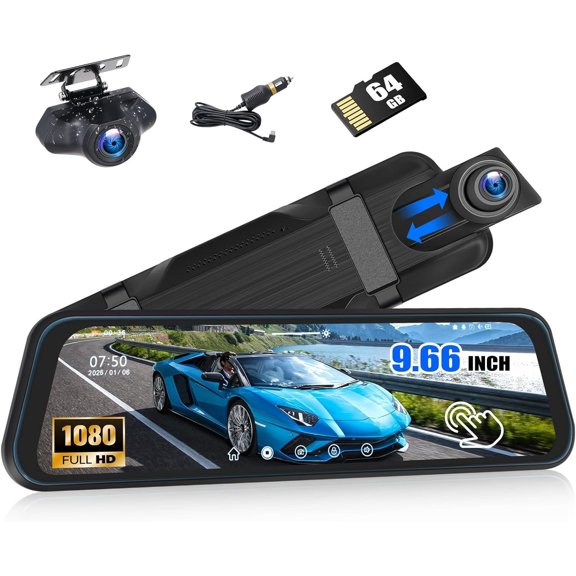 9.66" Mirror Cam Night Vision,1080P Front and Rear View Mirror Camera for , Lens Cam with Loop Recording Streaming Media Motion Detection Parking Free 64 GB TF Card