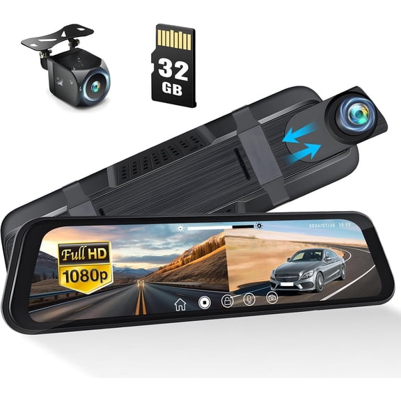 9.66" Mirror Dash Cam 1080P Front and Rear View Dual Cameras with Night Vision,Full Screen,Wide Angle,G-Sensor,Loop Recording,24H Parking , Backup Camera,Free 32GB Card