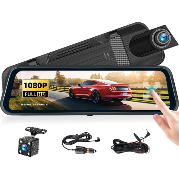 9.66" Mirror Dash Cam,1080P Touchscreen Rear View Mirror Front and Rear View Dual Cameras, Night Vision,G-Sensor,Loop Recording,Parking Assistance,24H Parking , Backup Camera