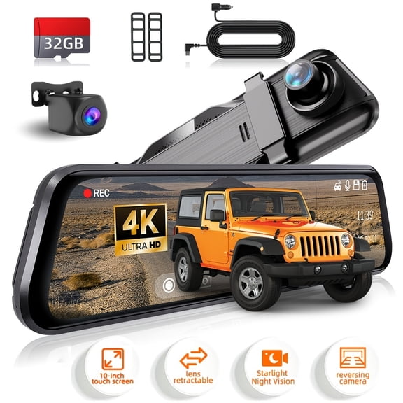 9.66" Mirror Dash Cam 4K Front & 1080P Rear, IPS Touchscreen, Night Vision, Motion Detection, Loop Recording, 24H Parking Monitor, G-Sensor, 32G Card Included