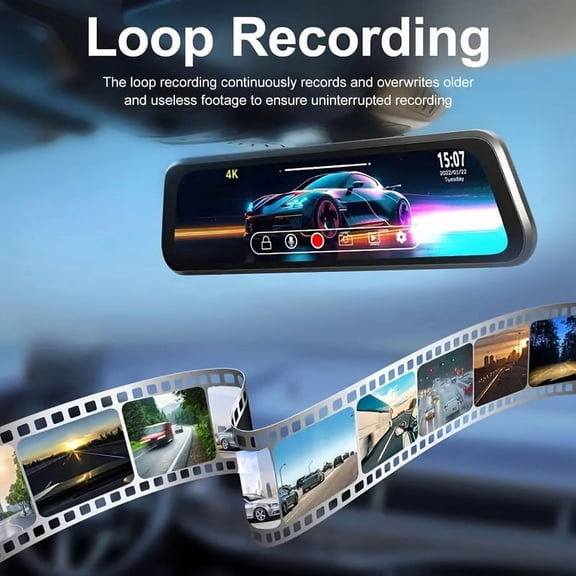 9.66" Mirror Dash Cam 4K Front & 720P Rear Camera, Dimming Display, Touch Screen, Backup Camera with Guide Lines, Super Night Vision