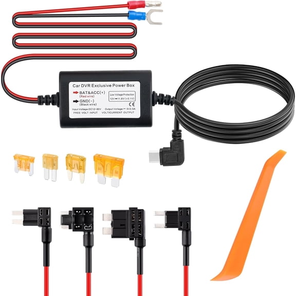 9.68Ft Type C Dash Cam Hardwire Kit,Low Protection Hardwire Kit for Dash Camera with 4 count Fuse Tap and 4 count 5A Fuse,12V-30V to 5V Dashcam Hardwires Kits C