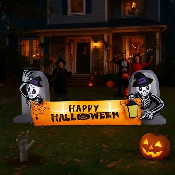 9.6FT Halloween Inflatable Skeleton Tombstone Banner with LED Lights - Glowing Outdoor Decor for Yard, Patio & Graveyard Party