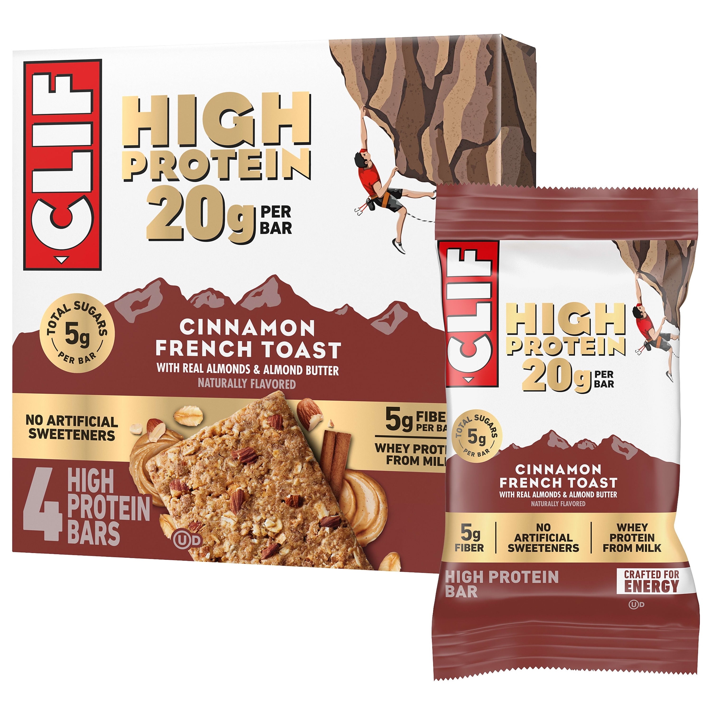 CLIF HIGH PROTEIN Bars - Cinnamon French Toast - 20g Protein - 5g Fiber - Non-GMO (4 Count)