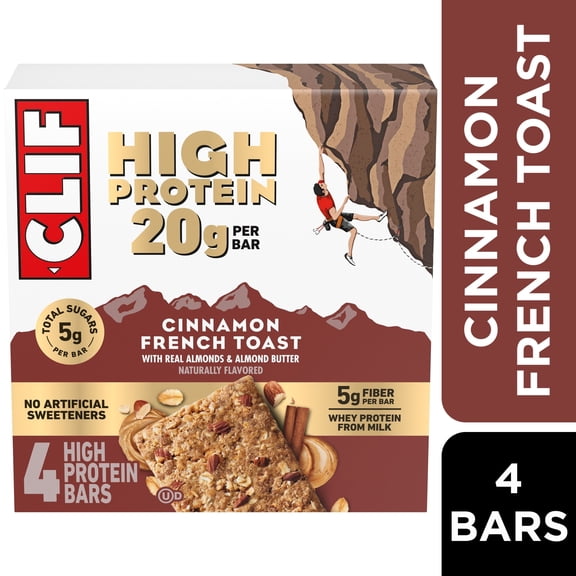 CLIF HIGH PROTEIN Bars - Cinnamon French Toast - 20g Protein - 5g Fiber - Non-GMO (4 Count)
