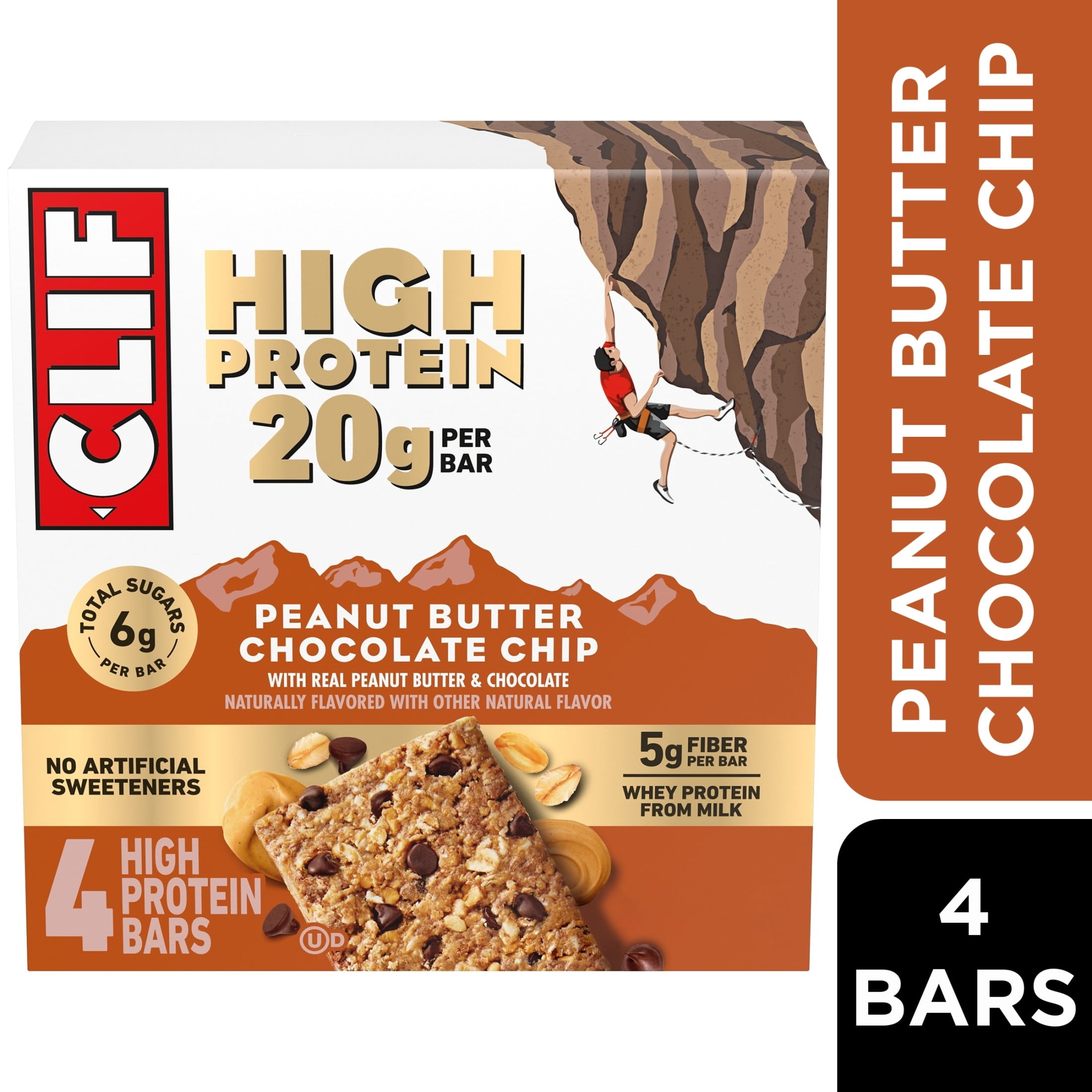 CLIF HIGH PROTEIN Bars - Peanut Butter Chocolate Chip - 20g Protein - 5g Fiber - Non-GMO (4 Count)