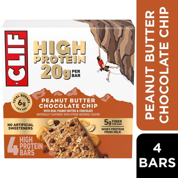 CLIF HIGH PROTEIN Bars - Peanut Butter Chocolate Chip - 20g Protein - 5g Fiber - Non-GMO (4 Count)