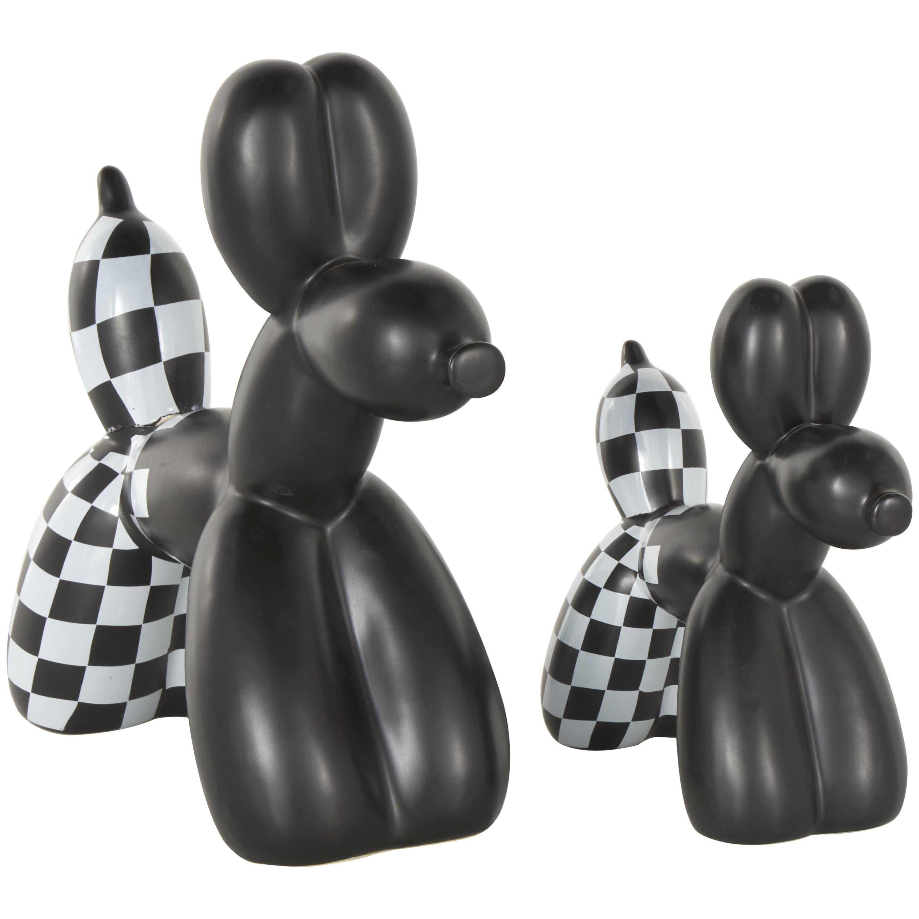 9", 7"H Black Ceramic Balloon Dog Sculpture with Checkered Accents, by DecMode (2 Count)