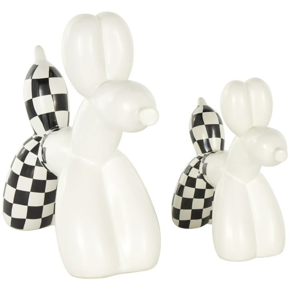 9", 7"H White Ceramic Balloon Dog Sculpture with Checkered Accents, by DecMode (2 Count)