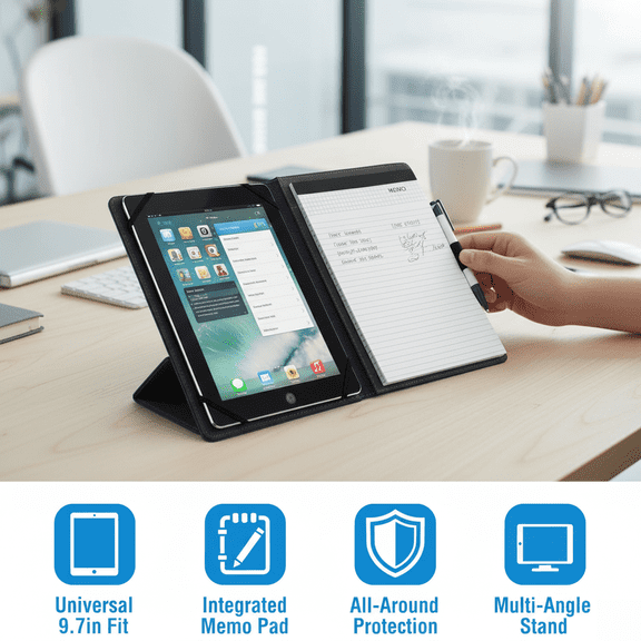 9.7 Inch Tablet Portfolio Case with Notepad Holder Professional Business Organizer Cover for iPad Air Pro Office Meeting Work Study Travel Shockproof Protection Multi-Angle Stand Executive Padfolio