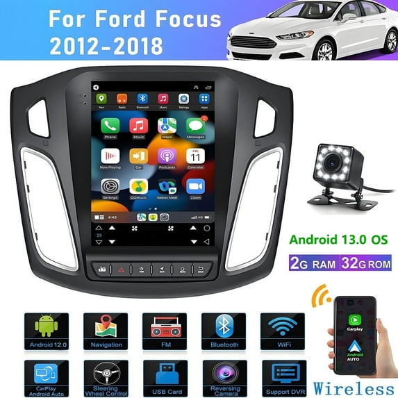 9.7 inch Android 13 Car Stereo for Ford Focus 2012-2018 with Wireless Carplay and Android Auto, 2+32G HD Touchscreen Bluetooth Radio with HiFi GPS Navigation WiFi + Backup Camera