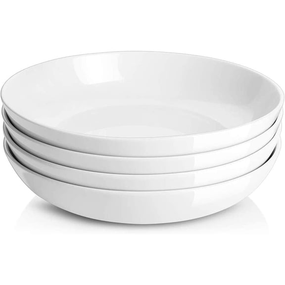 9.75" Pasta Bowls Set of 4, Large Shallow White Ceramic Salad Bowls, 50oz Wide Dinner for Pasta, Soup, & Stew, Microwave Dishwasher Safe, Housewarming Gift(Soft White)
