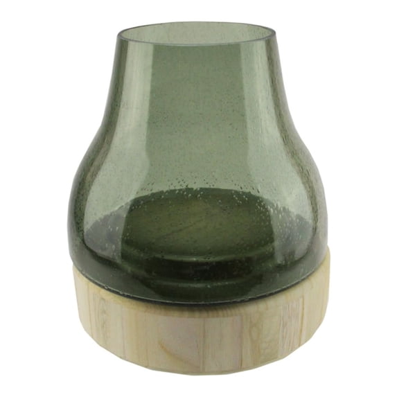 9.75" Storm Gray Bubble Glass Pillar Candle Holder with Wooden Base