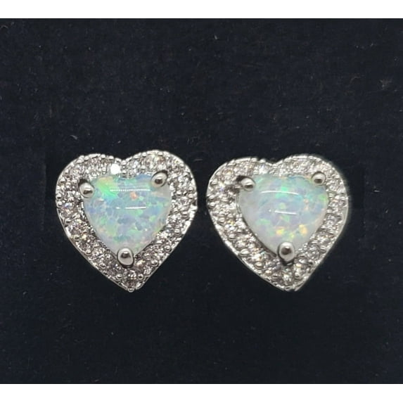 9.7mm Heart White Opal & Topaz Sterling Silver Earrings