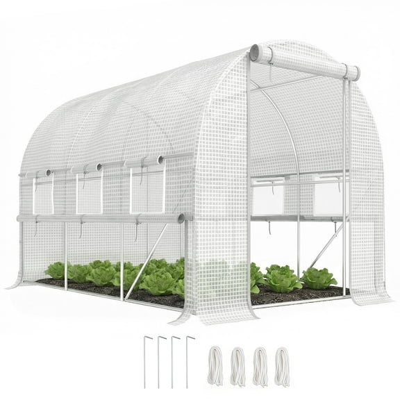 9.7x6.5x6.5 ft Walk-In Tunnel Greenhouse, Outdoor Green House with Anti-Tear PE Cover, Zipper Doors & Mesh Windows, White