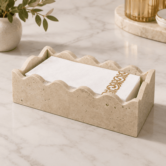 9.8" × 4.9" × 2.76" - Guest Towel Scalloped Travertine Napkin Holder for Bathroom Vanity Countertop