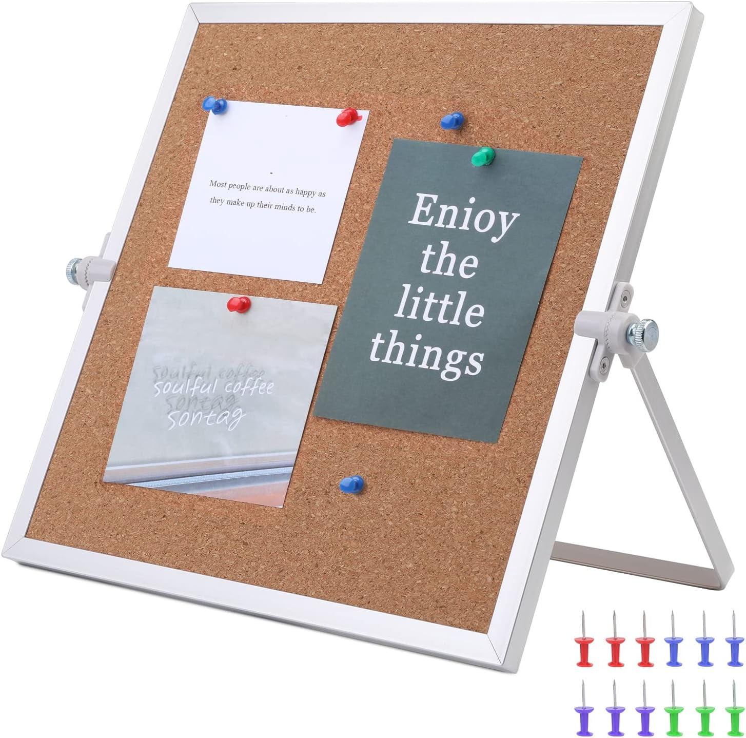 9.8"×9.8" Cork Board Bulletin Board, Double Sided Pin with Silver Aluminum Border, Desktop Small Stand Suitable for Home, Office, Desk Message or Picture