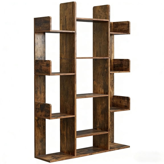 9.8D x 33.9W x 55.1H Rustic Brown 13 Storage Shelves Compact Organizer - Versatile book case, Space-Saving tree bookshelf for Living Room, Office & Library with Rounded Corners