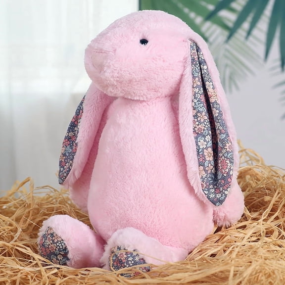 9.8" Dusty Rose Easter Bunny Plush Toy with Flower Pattern Ears - Floral Rabbit Stuffed Animal Doll - Soft Fuzzy Vintage Cottagecore Spring Decor & Basket Stuffer Gift for Kids Bedroom Holiday