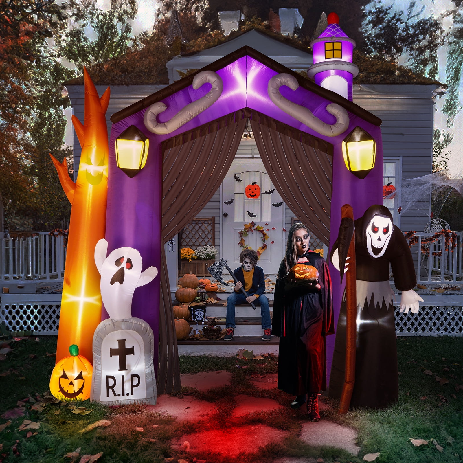 9.8 FT Halloween Inflatable Haunted House Castle Archway with Grim Reaper & Ghost, LED Lights for Yard/Party