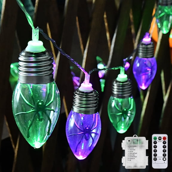 9.8 FT Halloween Spider String Lights, 20 LED Purple & Green Lights with Remote Timer, 8 Modes, Battery Powered Decor for Wall, Window, Porch & Party
