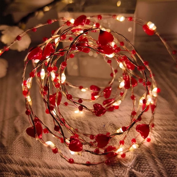 9.8 FT Valentine's Day String Lights - Red Berry Beaded Garland with 30 LED Hearts, Battery Operated Fairy Lights for Wedding, Party, Home Wall and Table Decoration