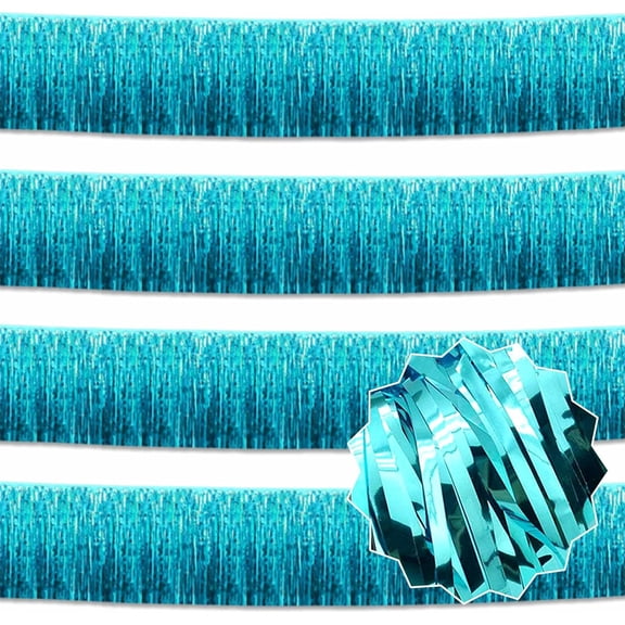 9.8 Feet by 11.8 inches Lake Blue Foil Fringe Garland -NOGIS 4 Pack Shiny Metallic Tassle Banner for Parade Floats, Bridal Shower, Wedding, Birthday | Wall Hanging Fringe Garland Banner
