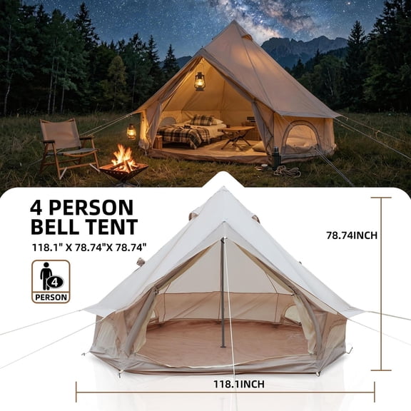 9.8 Ft Beige 4 Season Bell Tent with Stove Jack, Water-Resistant Oxford Glamping Yurt Camping Tent for 4 Person Family Outdoor Summer Party, Camping Shelter Cabin