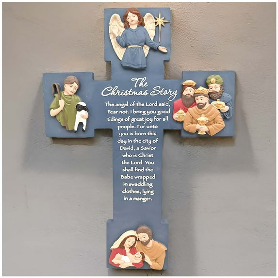 9.8"Handcrafted Christmas Nativity Wall Cross - Holy Family with Christmas Story Depictions, Ideal Christian Gift for Women, Men, & Friends (Blue)