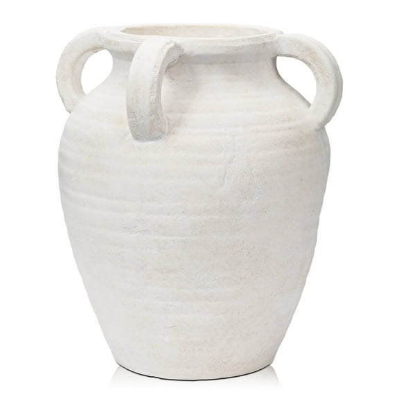 9.8" Handmade Terracotta Vase Vintage White Ceramic vase Rustic Antique Decor with 4 Handles Matte Finish for Home Office Resto Cafe Decor