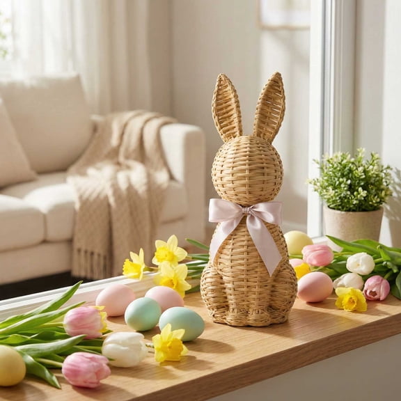 9.8" Handmade Woven Rattan Easter Bunny with Pink Ribbon Bow, Cute Rabbit Figurine for Farmhouse Spring Home Desk Easter Decor