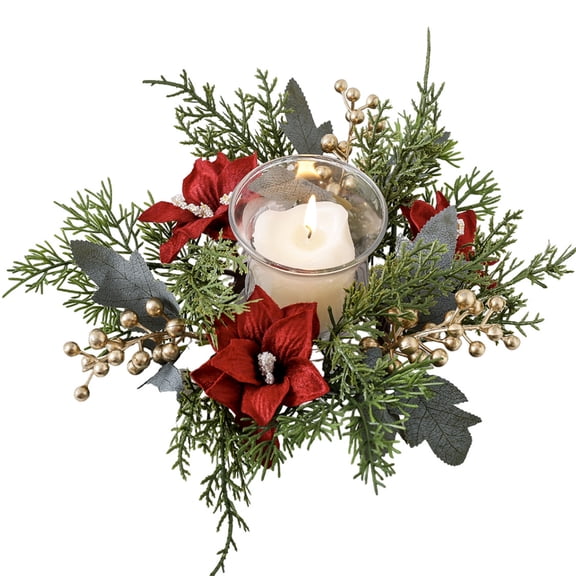 9.8 Inch * 3.5 Inch Christmas Candle Ring Wreath Artificial Red Flowers Berry Greenery Garland Kitchen Cabinet Xmas Party Table Centerpieces Candle Holder