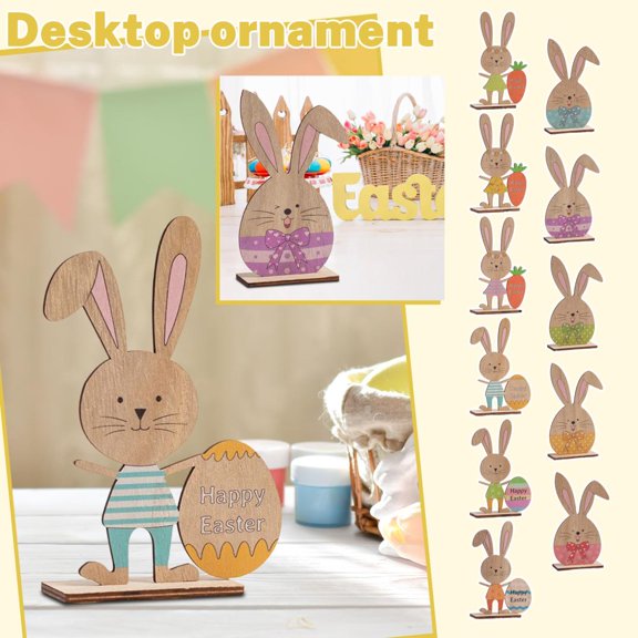 9.8 Inch 3D Wooden Easter Bunny Desktop Decoration, Hand-Painted Cute Rabbit Figurine With Vibrant Detachable Ornaments, Festive Spring Decor for Easter Party, Home Tabletop, Livin