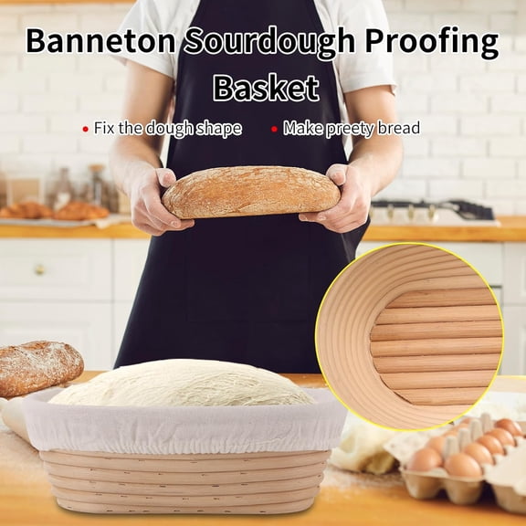 9.8 Inch Banneton Bread Proofing Basket Oval Sourdough Bread Basket Handmade Natural Brown Rattan Baking Bowls with Liner for Professional & Home Bread Baking Supplies