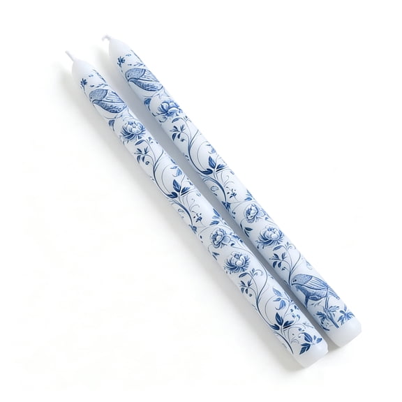 9.8 Inch Blue and White Porcelain Taper Candles, Printed Smokeless Scented Candles for Romantic Dinner, Home Decor and Wedding-Mandarin Duck Pattern 2pc