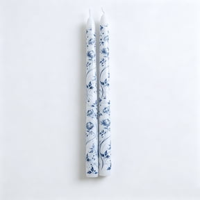 9.8 Inch Blue and White Porcelain Taper Candles, Printed Smokeless Scented Candles for Romantic Dinner, Home Decor and Wedding-Peony Pattern 2pc