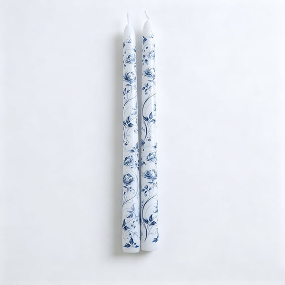 9.8 Inch Blue and White Porcelain Taper Candles, Printed Smokeless Scented Candles for Romantic Dinner, Home Decor and Wedding-Peony Pattern 2pc