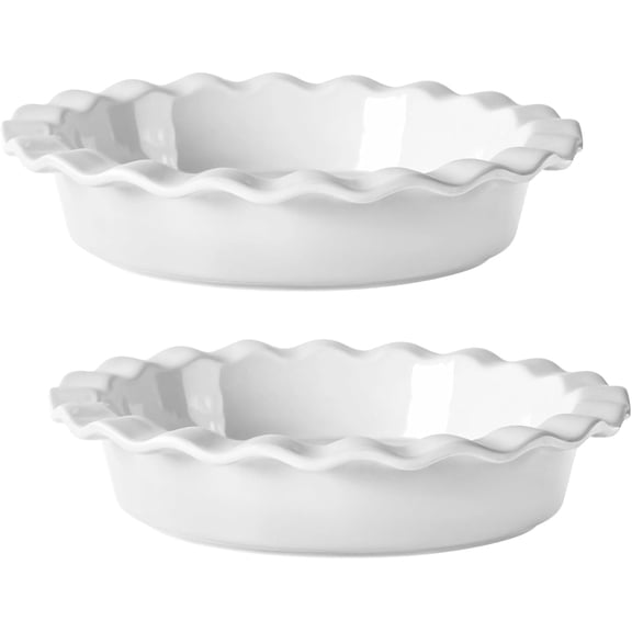 9.8 Inch Ceramic Pie Dishes Set of Two, Big Tart Dish, Quiche Dish for Baking, Graceful Wave Pattern, White