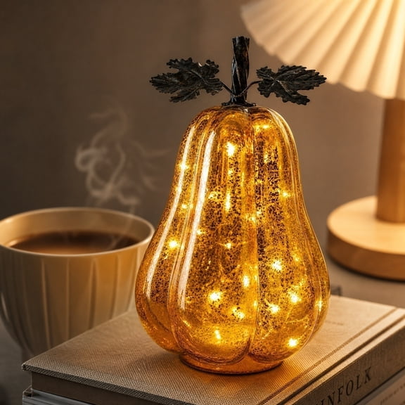 9.8 Inch Fall Decorations For Home Glass Pumpkin Light, Halloween Pumpkin Decorations For Autumn Thanksgiving Harvest Tables Centerpieces