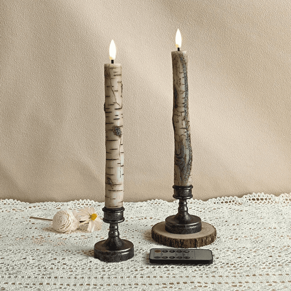 9.8 Inch Flameless Taper Candles, Tree Trunk Design LED Candle with Timer Remote Control,Battery Operated Real Wax Taper Candles for Home Decor,2PCS