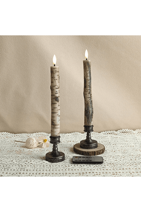 9.8 Inch Flameless Taper Candles, Tree Trunk Design LED Candle with Timer Remote Control,Battery Operated Real Wax Taper Candles for Home Decor,2PCS