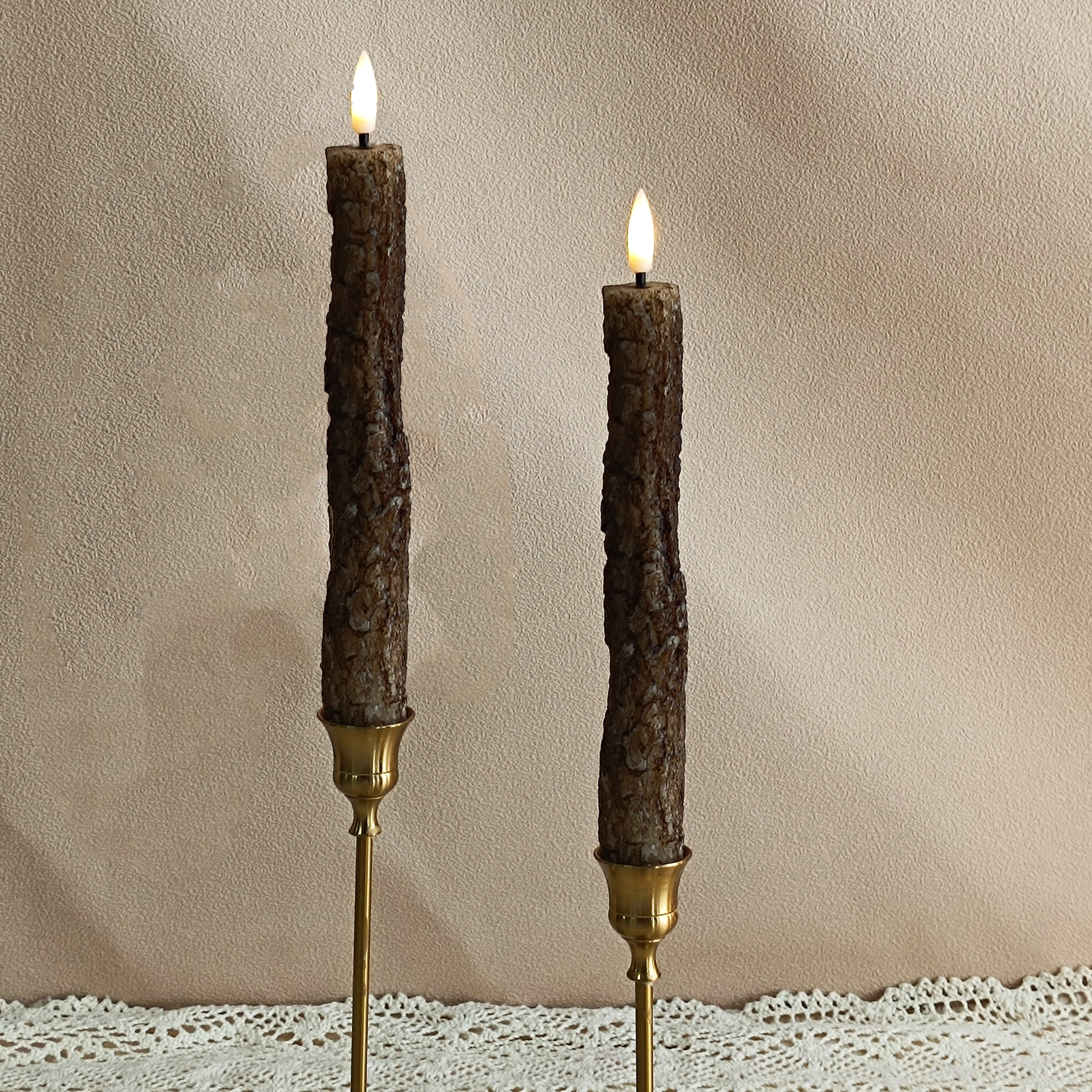 9.8 Inch Flameless Taper Candles, Tree Trunk Design LED Candle with Timer Remote Control，Battery Operated Real Wax Taper Candles for Home Decor，2PCS