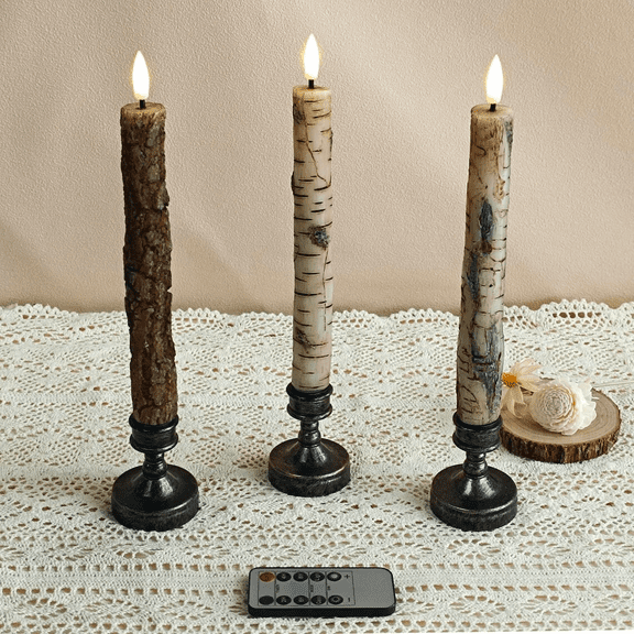 9.8 Inch Flameless Taper Candles, Tree Trunk Design LED Candle with Timer Remote Control，Battery Operated Real Wax Taper Candles for Home Decor，3PCS