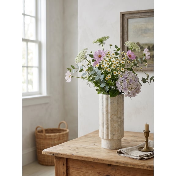 9.8 Inch Fluted Marble Decorative Vase, Hand-Carved Cream Marble Vase with Vertical Ribbing for Luxury Tabletop