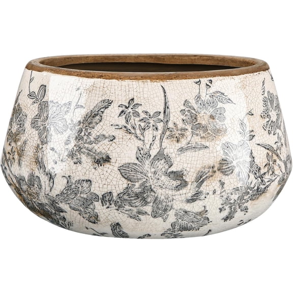 9.8 Inch Large Vintage Ceramic Planter Ice Crack Glaze Gray Floral Flower Pot with Drainage Holes Rustic Country Plant Pots Decorative Gifts for Home Kitchen Office Indoor Outdoor Plants