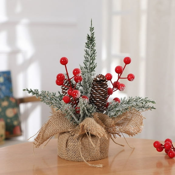 9.8 Inch Mini Christmas Table Tree Decorations, Faux Tree Decor with Artificial Red Berries Pinecones Pine Needles Cedar Tabletop Centerpiece for Xmas Holiday Home Winter Decorations