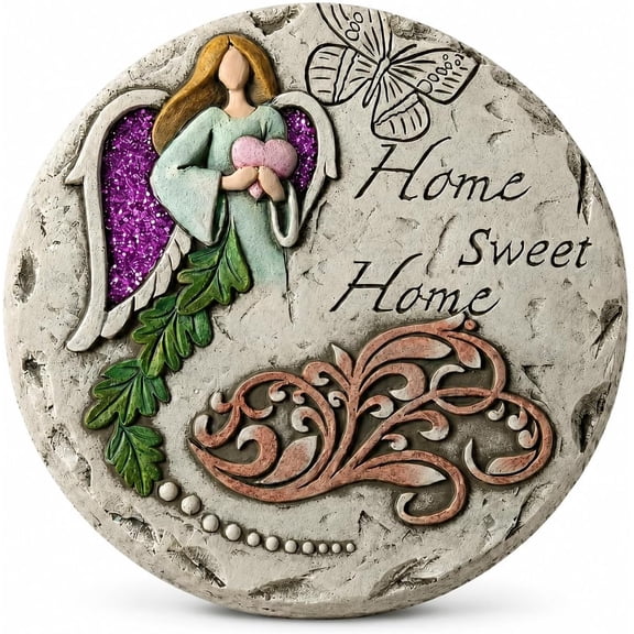 9.8 Inch Multicolor Angel Home Sweet Home Garden Stepping Stone, Rustic Antique Vintage Figurine Style Plaque, Grey and Pink Outdoor Decor