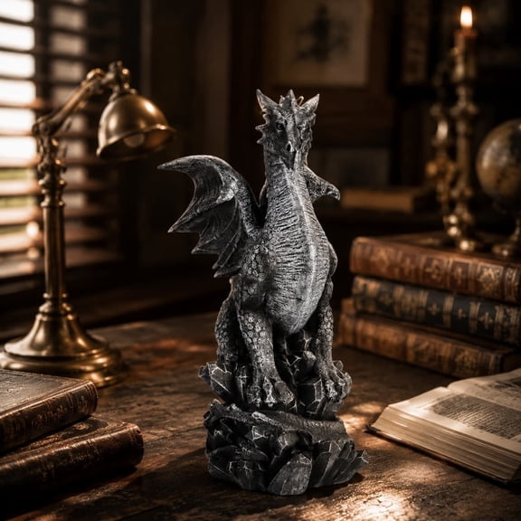 9.8 Inch Resin Dragon Statue, Gothic Winged Dragon Figurine on Crystal Base Tabletop Decor