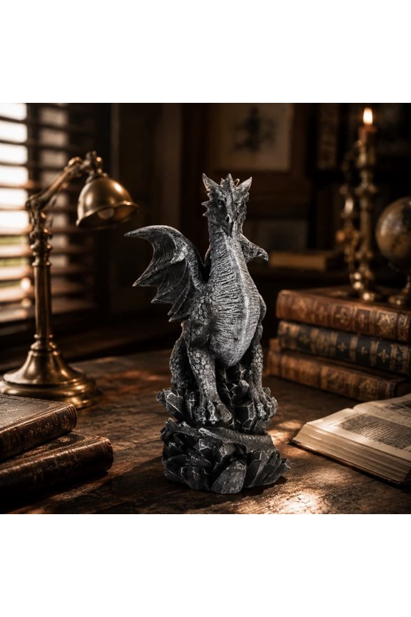 9.8 Inch Resin Dragon Statue, Gothic Winged Dragon Figurine on Crystal Base Tabletop Decor