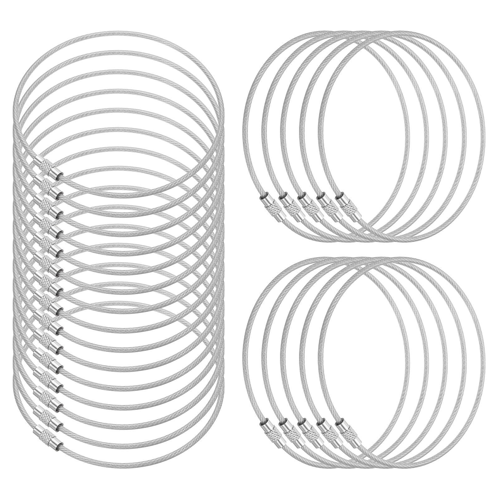 9.8 Inch Stainless Steel Wire Keychain Cable Key Ring Loop, Silver, 100 Pack